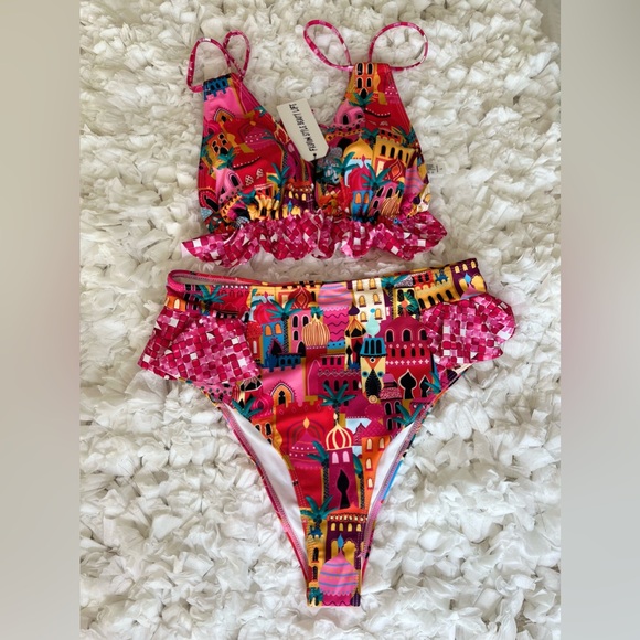 NWT Women High Waisted Swimsuit Ruffle V Neck Bikini Two Pieces Swimwear SIZE L - Picture 7 of 17